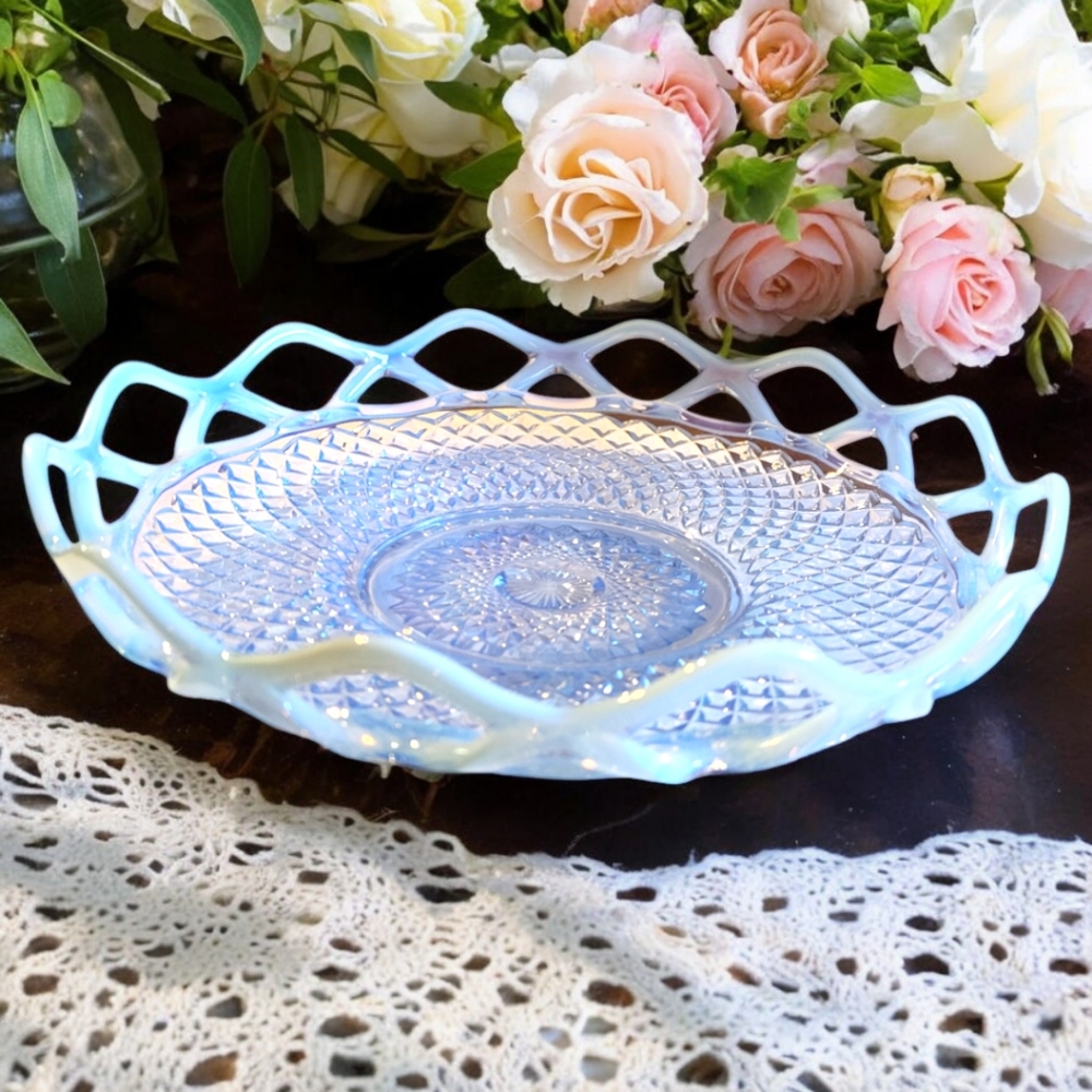 VTG 1930's BLUE FROSTED IRIDESCENT IMPERIAL GLASS BOWL KATY OPEN LACED EDGE